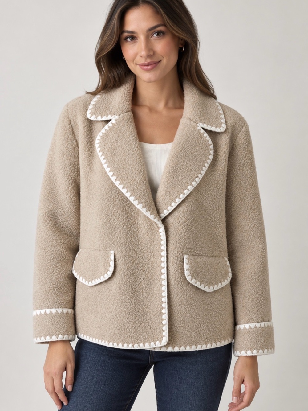 Market & Spruce Beige Teddy Jacket with White Trim
